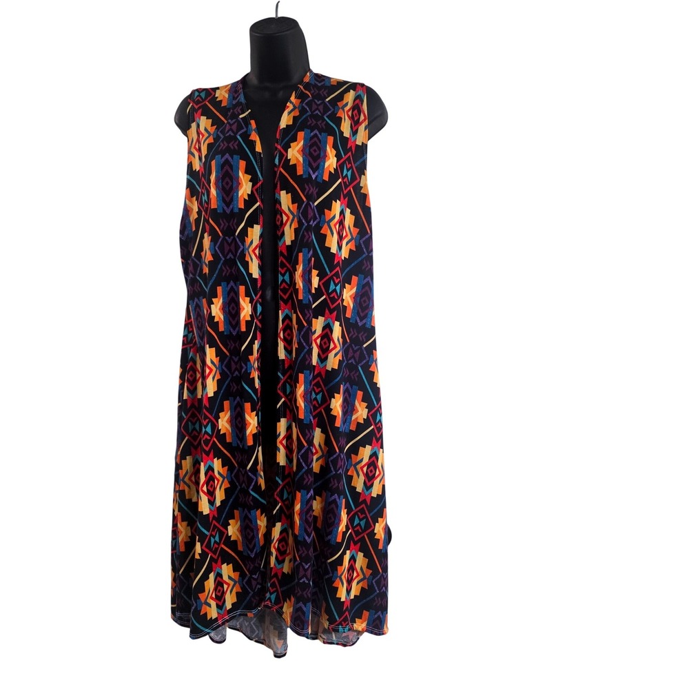 L&B Lucky & Blessed Southwestern Geometric Longline Duster Vest Black Large NEW